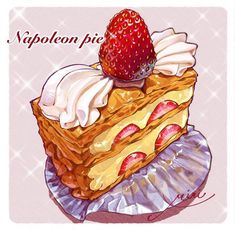 a drawing of a piece of cake with whipped cream and a strawberry on the top