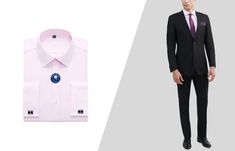 Matching a black suit with a pink dress shirt. Black Suit Pink Shirt, Purple Dress Shirt