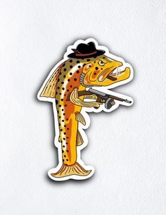 a sticker depicting a fish with a fishing rod in it's mouth and a hat on its head