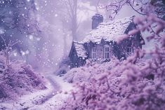 a house in the middle of a snowy forest with trees and bushes on either side