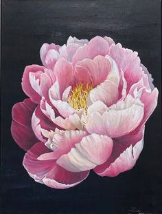 a painting of a pink flower on a black background