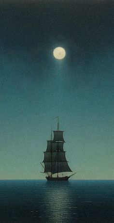 a painting of a ship sailing in the ocean under a moonlit sky with clouds