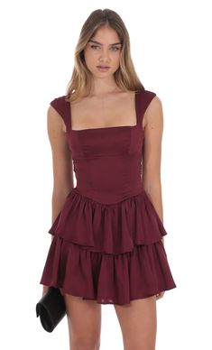 Wide Strap Ruffle Dress in Burgundy Dark Red Hoco Dress, Red Hoco Dress, Glitz Dress, Bella Dresses, Sorority Recruitment Outfits, Burgundy Mini Dress, Recruitment Outfits, Altard State Dresses, Lucy In The Sky