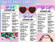 a printable scavenger party game with hearts and sunglasses on top of it