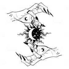 two hands holding the sun and moon tattoo design