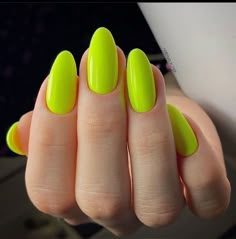 Neon Lime Green Nails, Lime Yellow Nails, Solid Color Acrylics, Lime Green Nails Design, Bright Almond Nails, Neon Green Nail Art, Green Yellow Nails, Green Neon Nails, Green Pink Nails