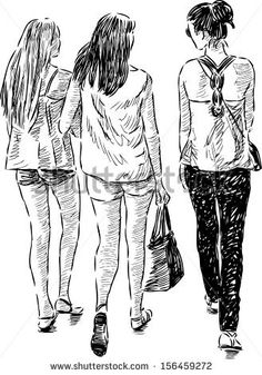 three girls walking down the street with their backs turned to the camera, hand drawn