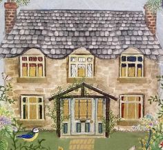 a painting of a house with a bird on the front door and flowers around it