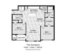 the compass floor plan with 2 beds and 1 baths