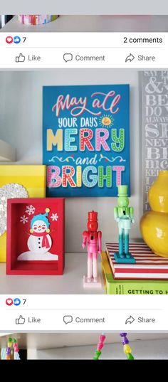 two screenshots of christmas cards and decorations on a shelf in a room with white walls