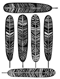 four different types of feathers in black and white, with one feather on the side