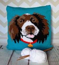 a brown and white dog on a blue pillow next to knitting needles, yarn ball and crochet hook