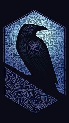 a black bird sitting on top of a blue and white frame with celtic designs around it