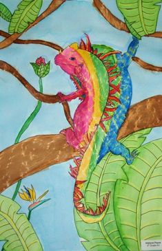 a drawing of a colorful lizard on a tree branch