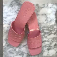 Never Worn. Bought From Another Posher But Never Get A Chance To Wear It. Only Reasonable Offers! Gucci Block Heel Summer Heels, Gucci Block Heels For Summer, Summer Gucci Block Heels, Chic Gucci Sandals For Summer, Trendy Gucci Sandals For Summer, Gucci Pink Open Toe Sandals, Chic Gucci Flat Sandals, Chic Gucci Sandals For Spring, Gucci Casual Pink Sandals