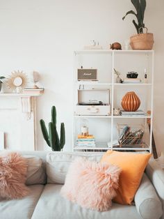 a living room filled with furniture and lots of plants on top of shelves next to a fire place