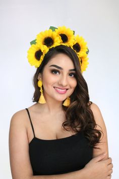 Sunflower Flower Crown Sunflower Headpiece Mexican Headband | Etsy Wearable Florals, Sunflower Flower Crown, Sunflower Headpiece, Mexican Headband, Sunflower Costume, Friday Kahlo, Watermelon Costume, Rose Clips, Vocabulary Parade