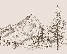 a drawing of a mountain with trees in the foreground