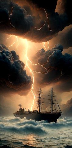 a ship in the ocean with a lot of lightning coming out of it's back