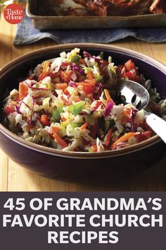 the book cover for 45 of grandma's favorite church recipes, with a casserole dish in the background