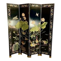 1960’s Black Lacquered Asian Hand-Painted 4 Panel Room Divider Room Shelf Divider, Chinese Room Divider, Asian Room, 70s Interior Design, Chinese Screen, Asian Inspired Decor, Asian Interior Design, Bed Crown, 70s Interior