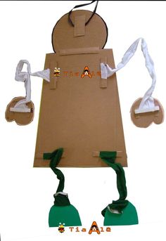 a cardboard costume made to look like a man with headphones and suspenders on