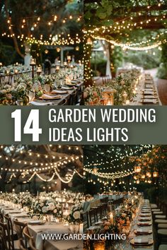 an outdoor garden wedding with lots of lights and greenery on the tables, surrounded by candles