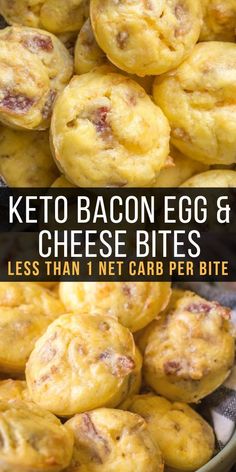 keto bacon egg and cheese bites in a bowl with text overlay that says keto bacon egg and cheese bites less than 1 net carb per bite