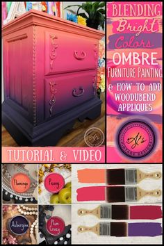 a collage of pink and purple furniture with the words ombre painted on it