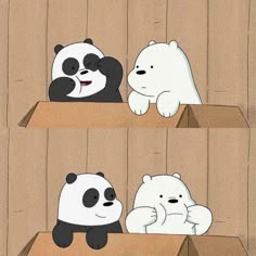 three panda bears are sitting in a cardboard box and one bear is laying on the ground