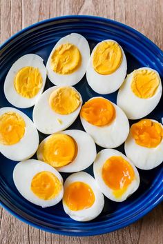 hard boiled eggs in a blue bowl on a wooden table