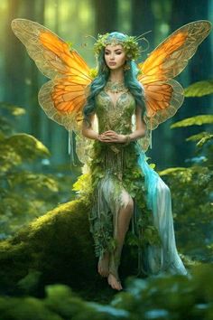 a woman dressed as a fairy sitting in the woods