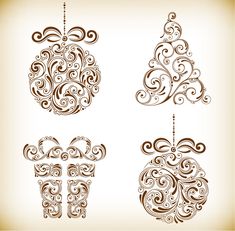 four christmas ornaments with swirly designs on white background stock photo - budget cut outs