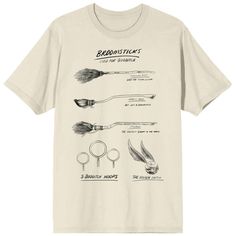 a white t - shirt with an illustration of brooms and other things on it