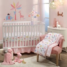 This three-piece nursery baby bedding set includes one 100% cotton jersey quilt, one 100% cotton jersey fitted crib sheet, and one crib skirt. Colorful jungle/safari animals decorate this cozy collection. There are elephants, giraffes, koalas, tigers, zebras, leopards, and turtles all in pretty pastel colors on a soft white ground. The breathable 100% cotton jersey fitted crib sheet is extra soft for baby’s comfort. It has elastic all the way around ensuring a safe and secure fit on a standard s Pastel Safari, Unique Cribs, Jungle Safari Animals, Jersey Quilt, Pink Crib, Lambs & Ivy, Baby Crib Bedding Sets, Pink Giraffe, Baby Crib Bedding