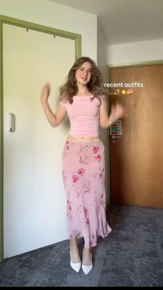 Modest Outfits Aesthetic Jeans, Modest 2000s Outfits, Skirts And Dresses Outfits, Ballet Wrap Top Outfit, Pink Flower Skirt Outfit, Maxi Floral Skirt Outfit, Spring Pink Outfits, 90s Pink Aesthetic Outfits, Flora Inspired Outfits