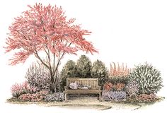 a watercolor painting of a bench in the middle of a garden with flowers and trees