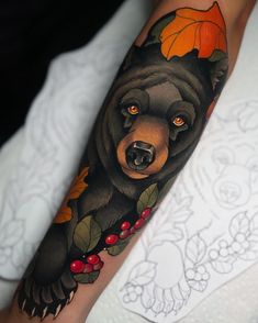 Neo Traditional Buffalo Tattoo, Neo Traditional Forest Tattoo, Neotraditional Animal Tattoo, Neotraditional Bear, Tattoo Sleeve American Traditional, Traditional Sleeve Tattoo, Black Bear Tattoo