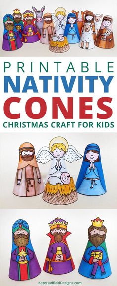 printable nativity cones for kids to make with paper and colored crayons