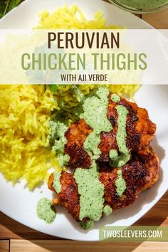 chicken thighs with avocado and rice on a white plate next to green sauce