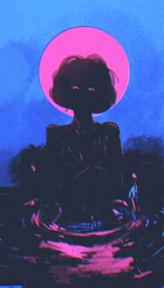 a digital painting of a person sitting on a bench in front of a pink and blue sky