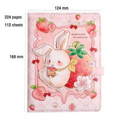 a pink wallet with an image of a bunny and strawberry on it