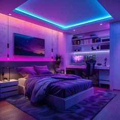 a bed room with a neatly made bed and purple lighting on the walls above it