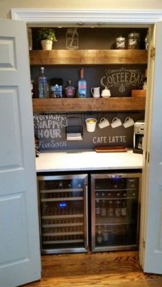 french doors open to reveal the kitchen's wine cellar