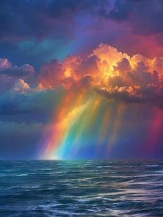 a rainbow is shining in the sky over the ocean with clouds and water below it