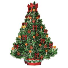 a christmas tree with candles and bows on it's head is shown in front of a white background