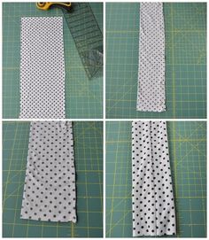 four pictures showing how to sew a polka dot tie with scissors and fabric strips