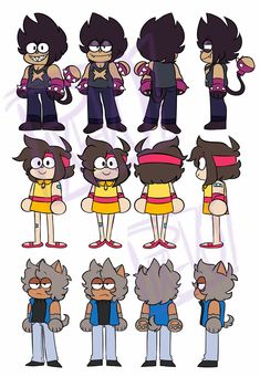 an image of cartoon characters with different poses and hair styles, all in different outfits