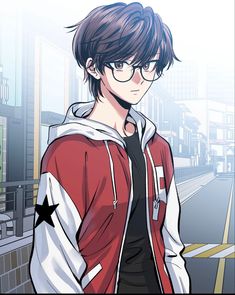 an anime character is standing in the street with his hand on his hip and looking at the camera