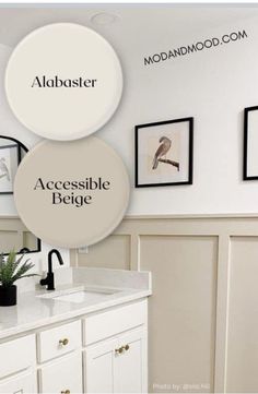 a bathroom with white cabinets and pictures on the wall above it that says,'albaster accessible beige '